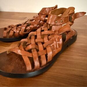Garnet Hill Leather Gladiator Sandals in Rich Cognac Brown, size 7